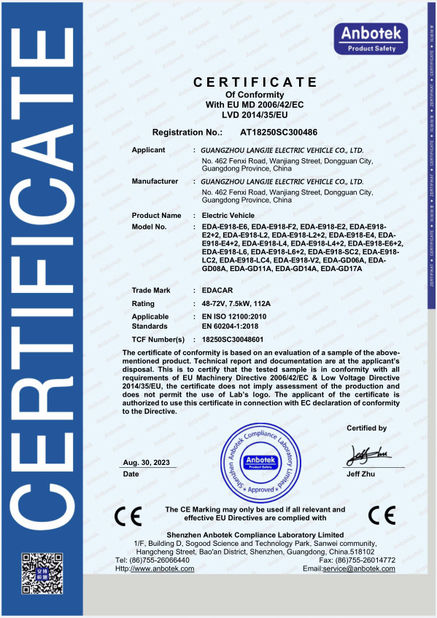 China Guangzhou Langjie Electric Vehicle Co., Ltd. certification