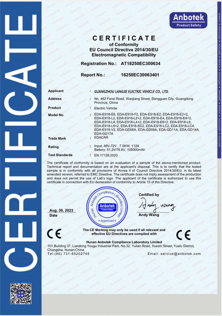 China Guangzhou Langjie Electric Vehicle Co., Ltd. certification